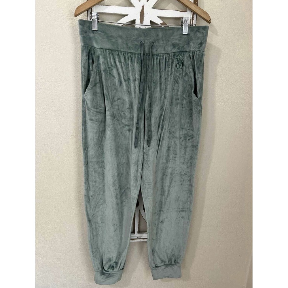 Victorias Secret On Point Velour Jogger Pants LARGE Drawstring Sage Green *088